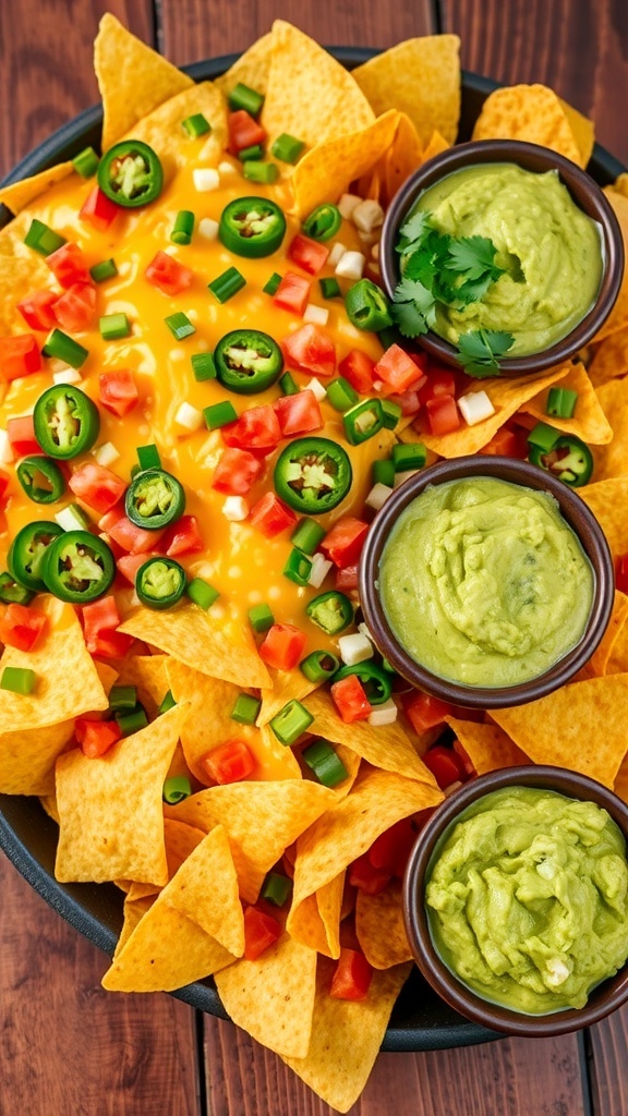 A colorful platter of loaded nachos with cheese, jalapeños, and guacamole on a wooden table.